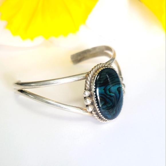 Vintage Sterling Silver Marked Sc with Abalone Cuff Bangle Adjustable - Picture 2 of 5